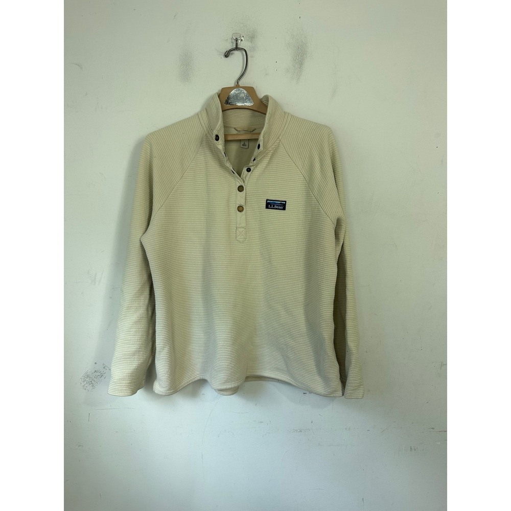 LL Bean Womens Cream Ribbed Lakewashed 1/4 Snap Sweatshirt Large Double Knit